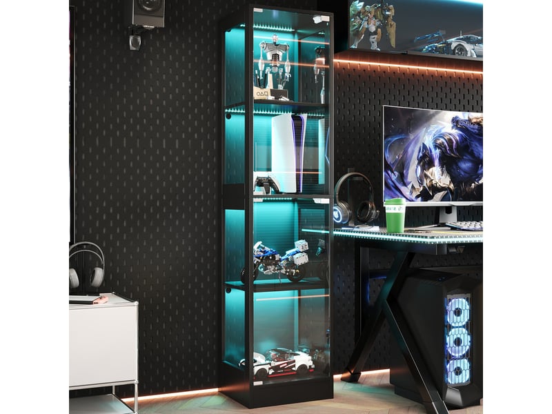 Vitrine en verre 40x35x170cm - quatre niveaux de rangement - éclairage led contrôlable par app - 2 portes - mdf - noir - Conforama B