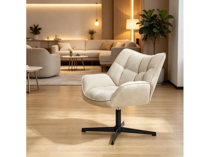 Fauteuil pivotant en lin avec dossier ergonomique et assise rembourrée, beige  - Conforama D
