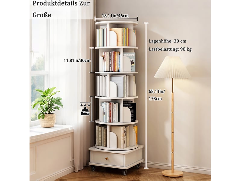 Bibliothèque rotation à 360° 46x46x173 cm avec 1 tiroir en mdf couleur blanc, design moderne, confort optimal  - Conforama C