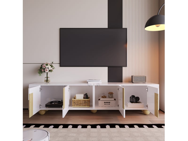  Meuble tv modenvie 180 x 40 x 44 cm 4 portes effet marbre blanc et bois  - Conforama D