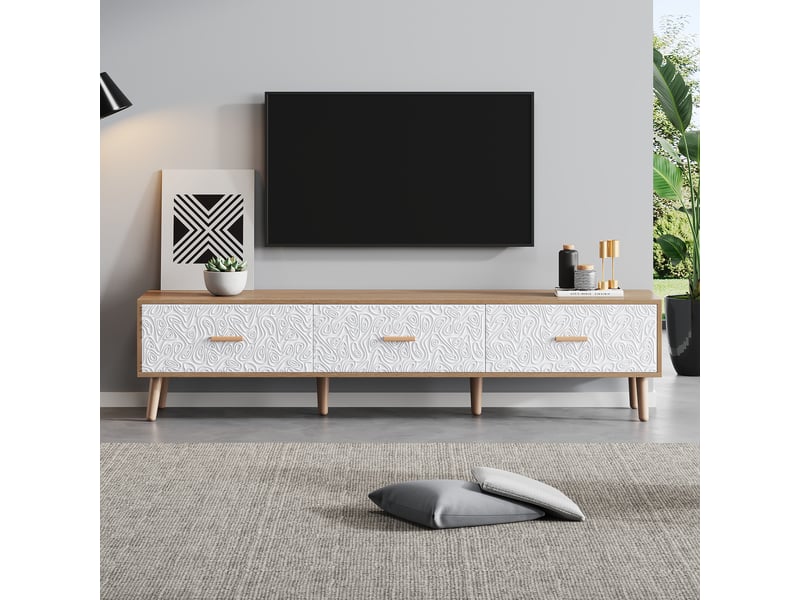  Meuble tv bas blanc et bois, style vintage avec trois tiroirs, meuble tv 150 cm pour grand écran, salon ou chambre  - Conforama D