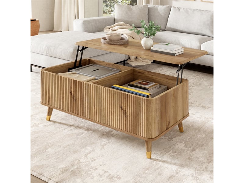  Table basse relevable rectangulaire – 97 x 52 x 42 cm – plateau relevable &amp; double coffre caché – bois - chêne  - Conforama B
