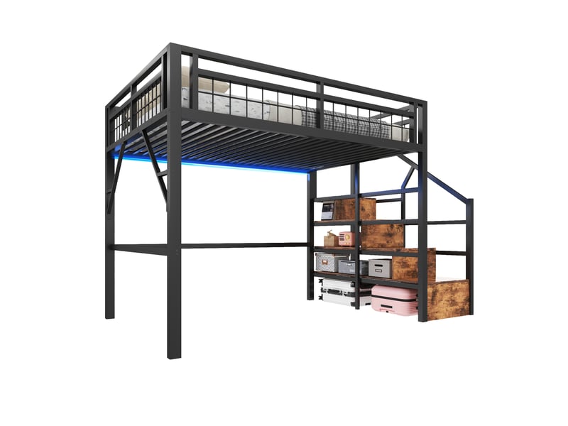  Lit mezzanine enfant 140x200 cm, avec marches de rangement, cadre en métal et mdf, led contrôlable, noir, sans matelas  - Conforama A
