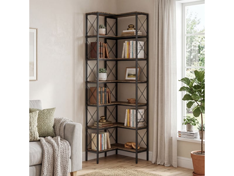 Bibliothèque d'angle à 6 niveaux, meuble de rangement en métal pour salon, chambre, bureau, 60x60x200cm, brun rustique  - Conforama C