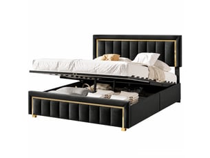 Lit coffre hydraulique 140 x 200 cm, cadre de lit double en velours avec rangement hydraulique, finitions dorées, tête de lit capitonnée à rainures verticales, noir, matelas non inclus