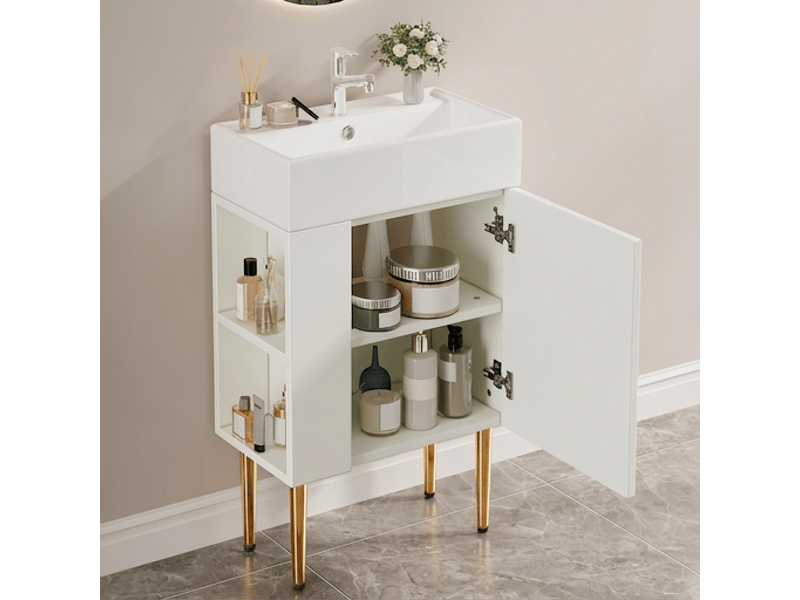  Meuble sous vasque 55 cm avec vasque en céramique, petit meuble pour toilettes invités, meuble de salle de bain blanc  - Conforama C