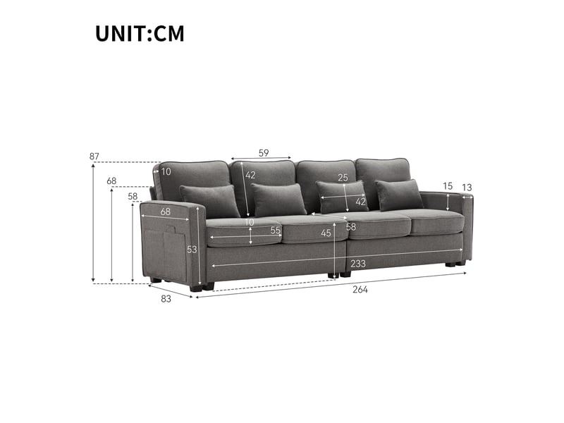  Canapé droit 4 places gris foncé en tissu aspect lin, poches latérales et 4 coussins Fay Lum - Conforama C