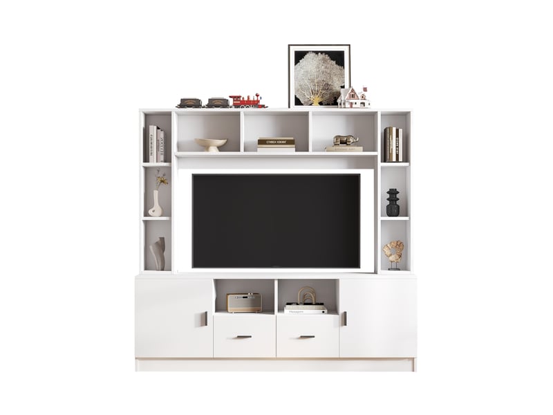  Ensemble mural tv modenvie blanc 180 x 35 x 170 cm avec 2 placards, 2 tiroirs et 11 compartiments  - Conforama A