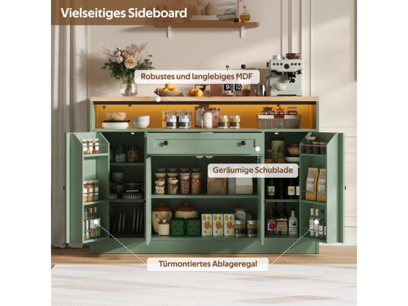  Buffet 140x35x95 cm vert, 4 portes style grange, tiroir, rangements de porte et led rgb avec application, mdf  - Conforama E
