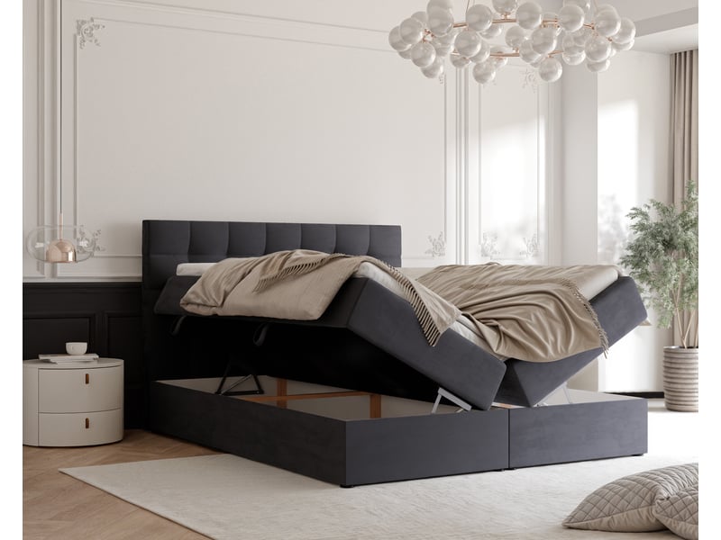  Lit adulte grand - 160x200 cm - matelas ressorts + surmatelas - coffre de rangement - velours doux hydrofuge gris foncé GRAND - Conforama C