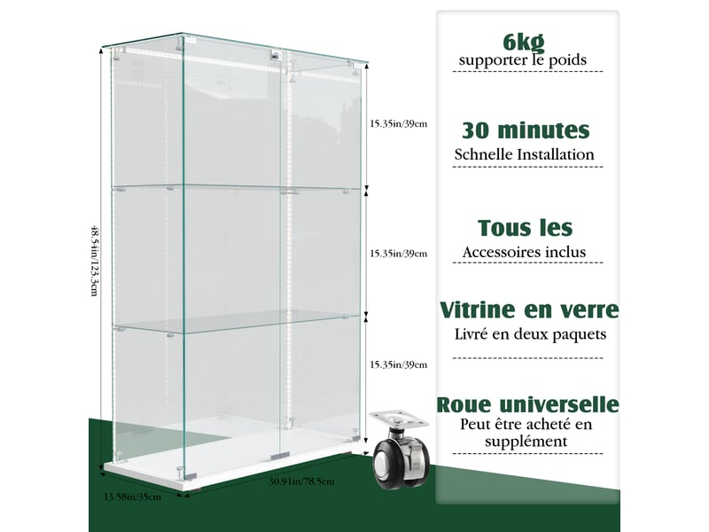  Vitrine en verre 3 niveaux double porte - blanc - 78,5 x 35 x 123,5 cm - armoire d'exposition avec ruban led et base blanche  - Conforama D