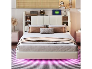 Lit double capitonné 140 x 200 cm avec éclairage led et usb, lit rembourré tête de lit réversible avec coussins de rangement, tissu effet lin, beige