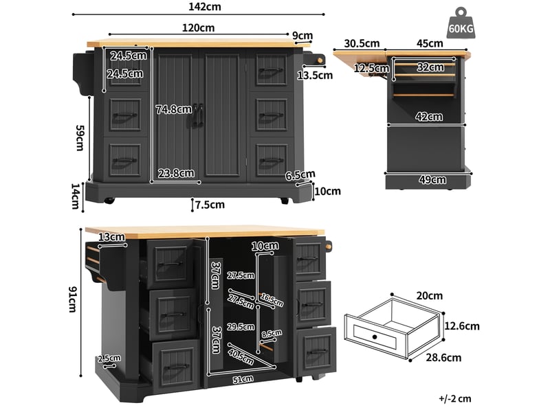  Desserte de cuisine mobile 120x45x91 cm avec 2 portes et 6 tiroirs noire  - Conforama C