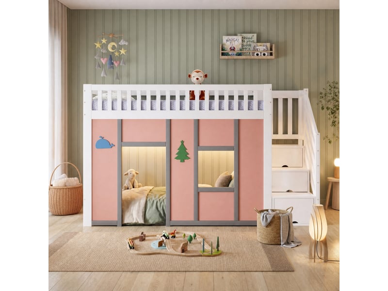  Lit mezzanine 90x200 cm, escalier de rangement et espace de jeu led, en bois, blanc et rose, sans matelas  - Conforama B