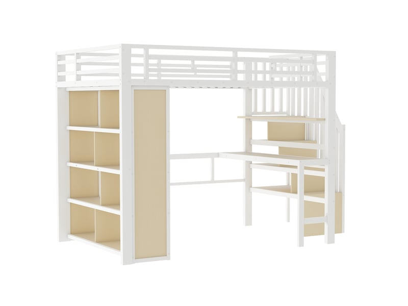 Lit mezzanine métal blanc 140x200 cm avec bureau led rangement escalier - Conforama E