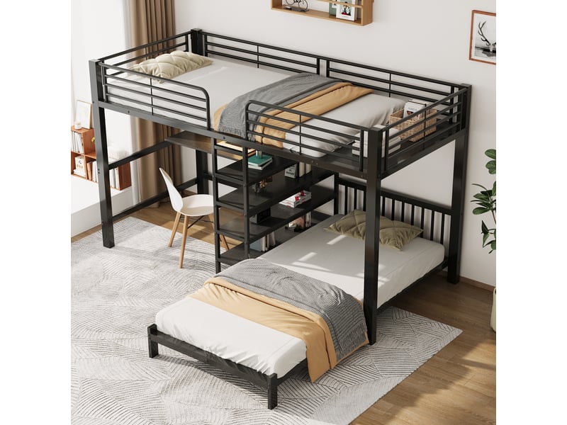  Lit superposé 90x200 cm - avec bureau en l prises usbtype-c rangement échelle en747 - noir  - Conforama C