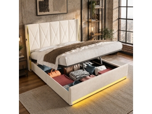 Lit coffre 180 x 200 cm en velours beige avec led, ports usb et type-c