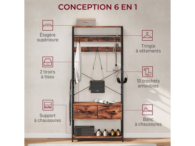 Meuble d'entrée 6 en 1 portemanteau tringle à vêtements étagère 10 crochet 2 tiroirs 80 x 30 x 180 cm brun rustique - Conforama D