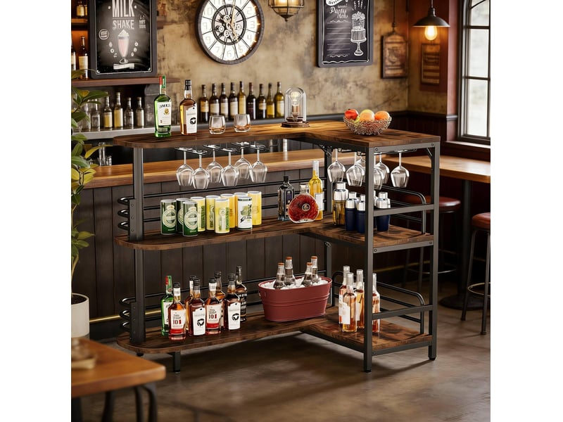  Bar en l 120x90x110 cm à trois niveaux avec 6 supports pour verres à pied métal panneau de particules noir marron rustique  - Conforama B