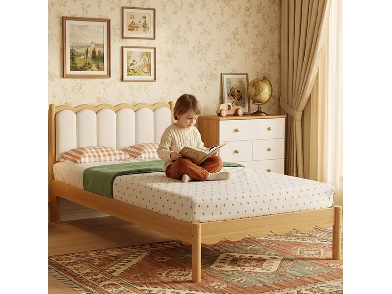  Lit enfant 90x200 cm avec tête de lit rembourrée en pu et sommier à lattes beige  - Conforama B