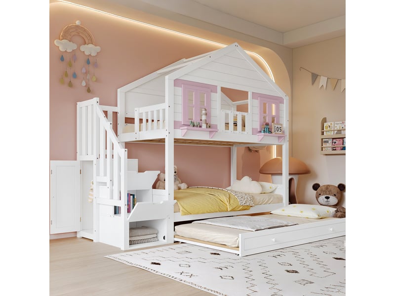  Lit superposé enfant 90x200 blanc et rose avec rangement, tiroir et penderie  - Conforama R