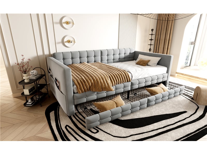  Lit banquette 90 × 190 cm, velours capitonné, 2 tiroirs, poches latérales, sommier à lattes, gris clair, avec rangement  - Conforama B