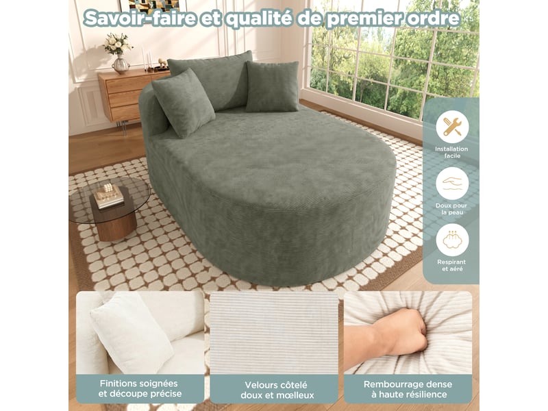  Fauteuil relax ovale compressé en velours côtelé, sans montage, assise profonde, vert  - Conforama E