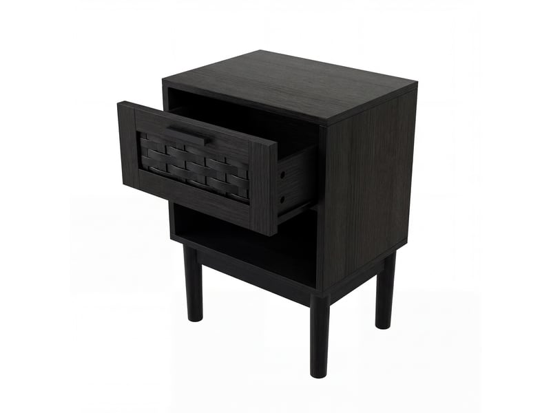  Lot de 2 tables de chevet noires à tissage décoratif, 1 tiroir + espace ouvert, pieds en bois, table d’appoint pour chambre et salon  - Conforama W