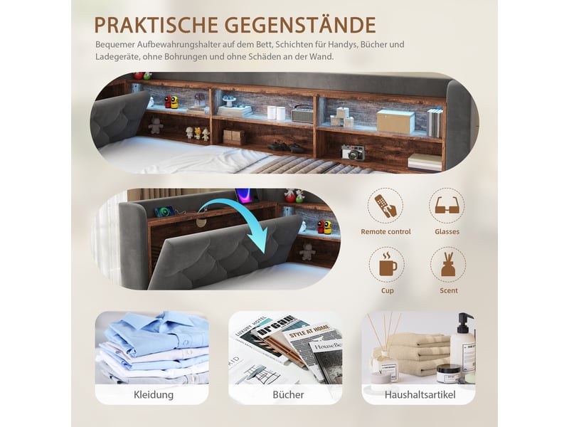  Lit banquette 90x190 cm, led, usb-c, canapé-lit extensible, accoudoir coffre, tête de lit étagère, sommier, velours, gris foncé Seren Glow - Conforama D