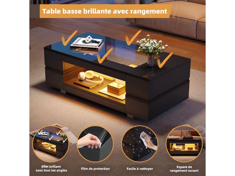  Table basse - 100x50x35 cm - moderne - noir haute brillance - éclairage led - verre trempé  - Conforama D