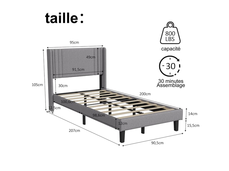  Lit simple rembourré 90x200 cm, lit 1 place avec tête capitonné, lit une personne avec sommier à lattes,tissu de lin, sans matelas  - Conforama C