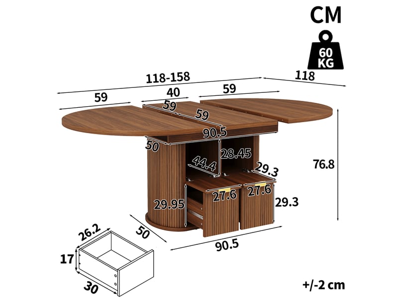  Table à manger ovale extensible 118-158x118 cm pour 4 à 6 personnes, rangement caché, 2 portes rabattables, 2 tiroirs, façade rainurée, brun foncé  - Conforama D