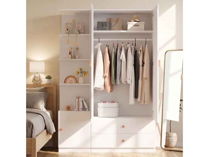  Armoire 135x45x200 cm à portes battantes, 2 tringles, 2 tiroirs, poignées en bois, mdf, bois et métal, blanc  - Conforama D