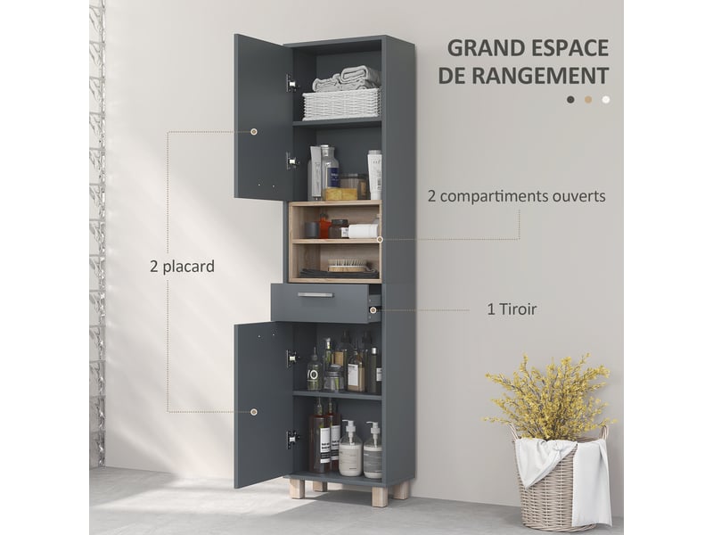  Colonne salle de bain, meuble salle de bain rangement avec 2 placards, gris, tiroir et 2 compartiments ouverts  - Conforama A