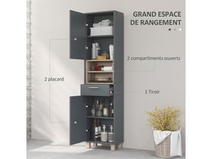 Colonne salle de bain, meuble salle de bain rangement avec 2 placards, gris, tiroir et 2 compartiments ouverts
