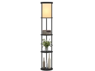 Lampadaire led avec étagères rondes, abat-jour en tissu, télécommande et interrupteur au pied, noir, salon