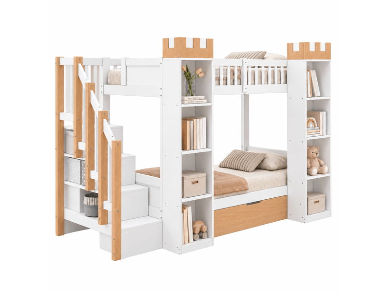 Lit superposé 90x200 cm, escalier de rangement et tiroir, en bois, blanc et naturel, sans matelas - Conforama A