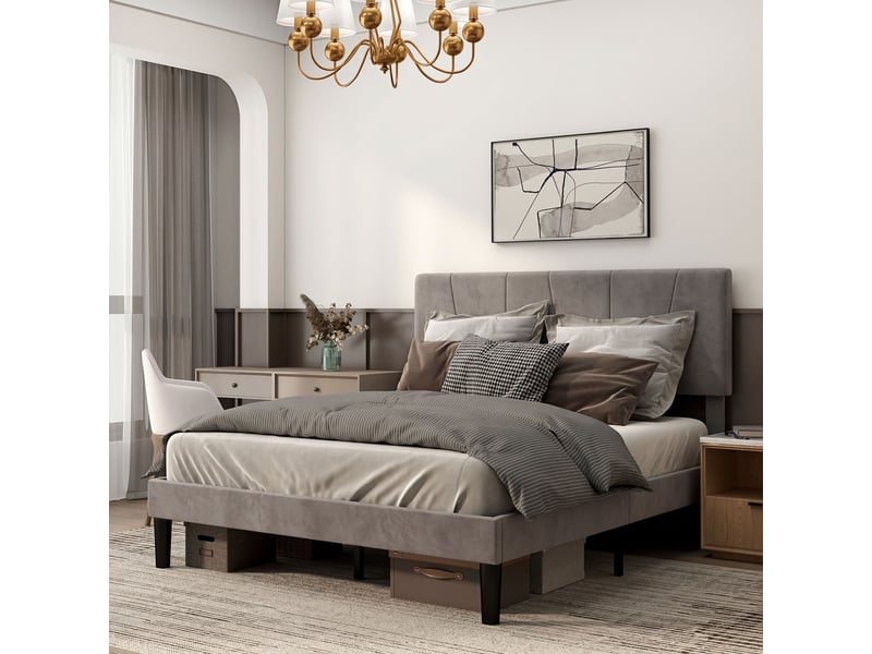  Cadre de lit double 140 x 190 cm lit 2 personnes tête de lit réglable sommier 150 x 198 x 100105110115120 cm gris  - Conforama A