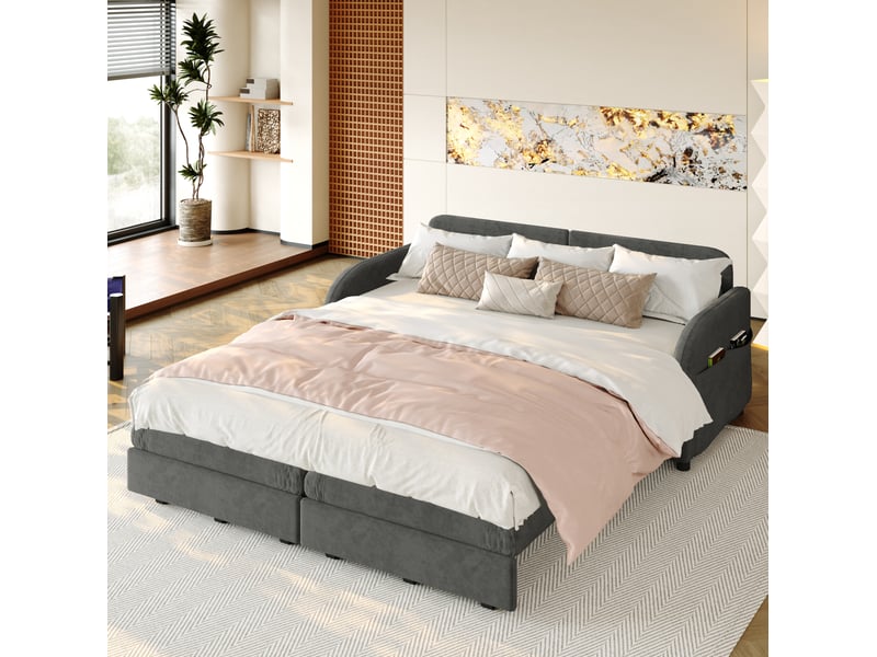  Canapé-lit convertible 3-en-1 166 x 84 cm – gris – couchage double et poches latérales de rangement  - Conforama E