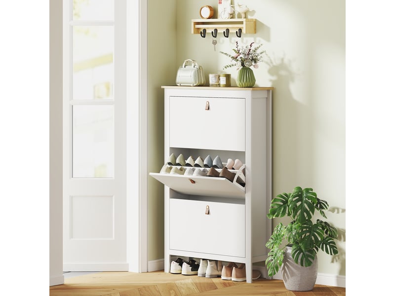 Étagère à chaussures étroite à 3 compartiments avec poignées en similicuir pour couloirs et entrées, 80 x 24 x 131 cm, blanc et bois - Conforama B