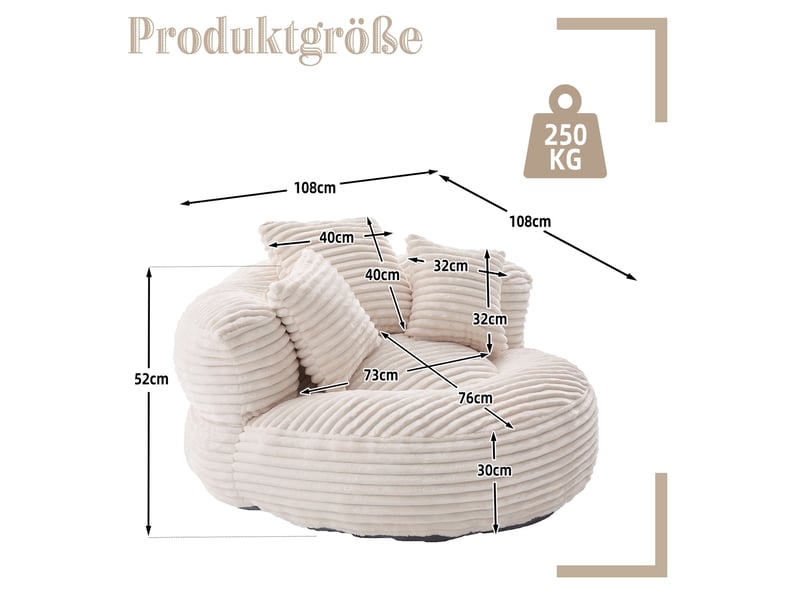  Fauteuil pouf lounge avec dossier haut, accoudoirs enveloppants et assise confortable en velours côtelé beige  - Conforama D