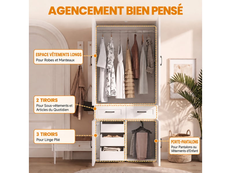  Armoire de chambre 90 × 50 × 200 cm avec 4 portes style grange, 5 tiroirs, 2 tringles et rangements, blanc  - Conforama E