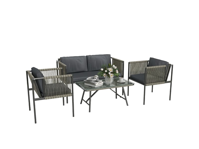 Salon de jardin avec 2 fauteuils, 1 canapé 2 places, 1 table basse et 7 coussins, rotin, acier et tissu gris - Conforama A