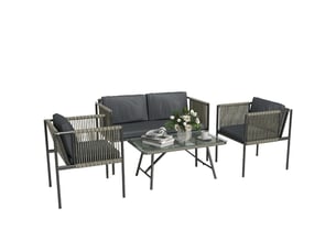 Salon de jardin avec 2 fauteuils, 1 canapé 2 places, 1 table basse et 7 coussins, rotin, acier et tissu gris