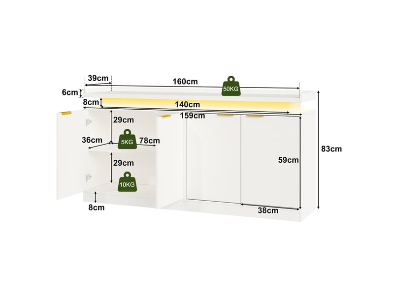  Buffet de cuisine à 4 portes avec led rgb et rangement fermé en mdf blanc pour salle à manger 160 × 39 × 83 cm  - Conforama C