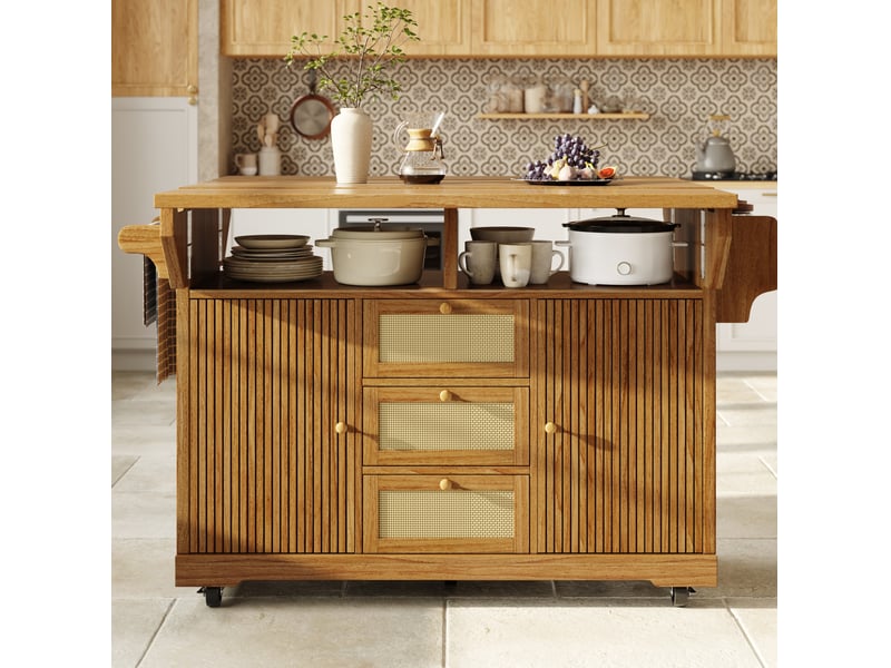  Desserte de cuisine pliable 142,5 x 80 x 95 cm sur roulettes, marron foncé  - Conforama E