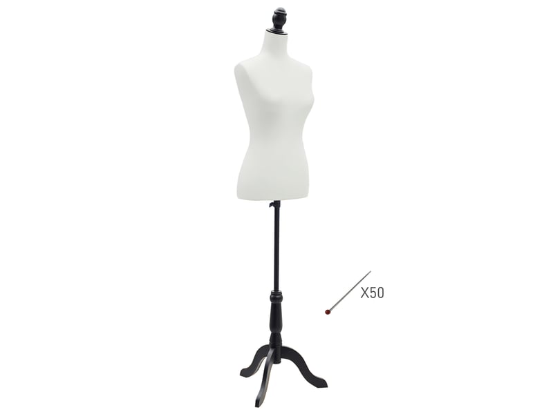  Mannequin féminin ajustable 130-168 cm avec trépied en bois et 50 épingles colorées pour la photographie de mode, blanc  - Conforama A