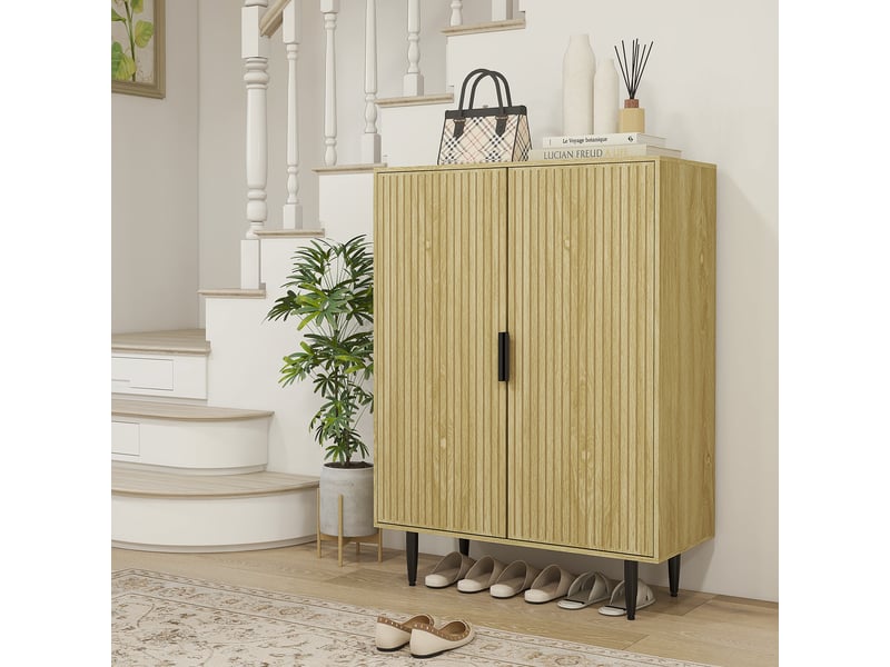  Meuble à chaussures 15 paires, armoire à chaussures 5 niveaux avec étagères réglables, 2 portes et pieds en métal, chêne  - Conforama B