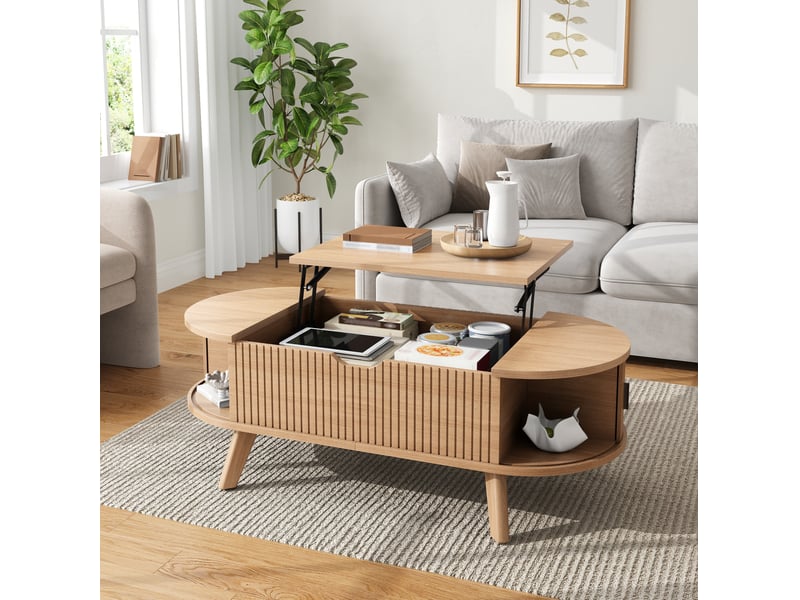  Table basse ovale relevable 110x50x53,5 cm avec 2 portes et rangement, mdf naturel  - Conforama W