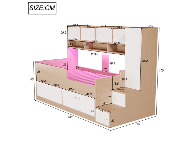  Lit enfant 90x200cm avec rangements, étagères, penderie, échelle d'accès, éclairage led et barrière de sécurité, bois  - Conforama C